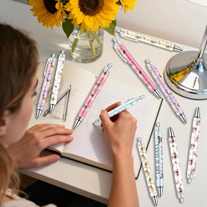 Pug Dog Ballpoint Pens Gifts 24 Pcs Cartoon Puppy Pen Set Animal Retractable Smooth Writing Ballpoint Pen Gift for Women Men Dog Lovers Teen Office Teacher Students Party Supplies