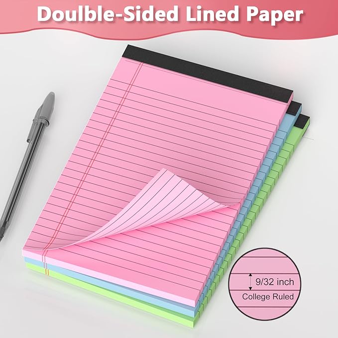 Note Pads 5x8, Narrow Ruled Legal Pad, Writing Pads 5x8, Colored Legal Pads, Pink Legal Pad,Small Note Pad, 30 Sheet/Notepad, 6 Pack Multicolor Lined Paper, Mini Legal Pads for School,Business,Home