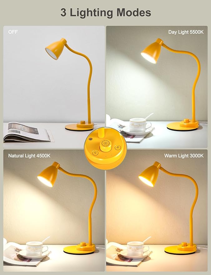 BOHON LED Desk Lamp with USB Charging Port, 3 Color Modes Fully Dimmable Reading Lamp, Auto Dimming Task Lamp, Flexible Neck Table Light for Home Office Dorm Bedside, Bright Yellow