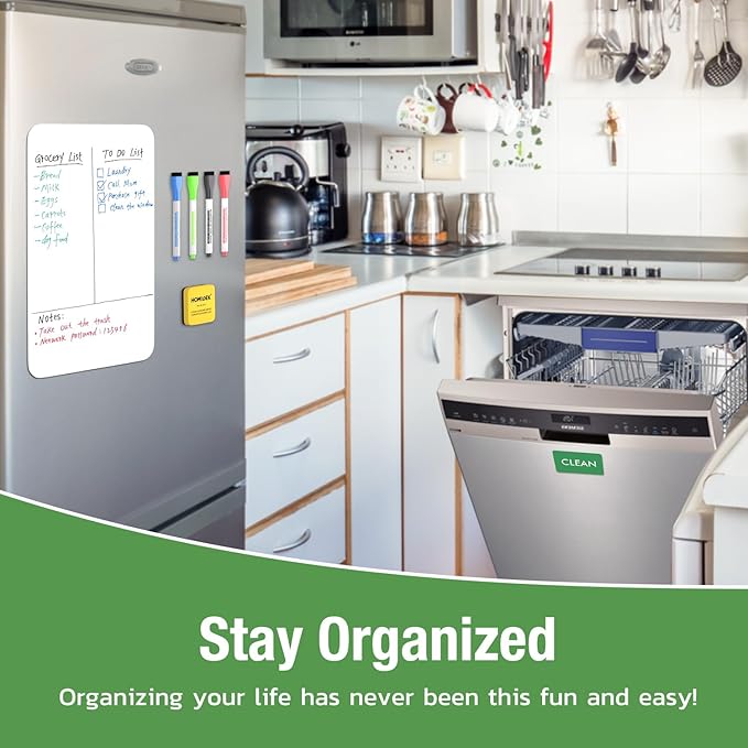 Magnetic Dry Erase Board: Small Fridge Whiteboard, Flexible Refrigerator Magnet White Board, Blank Writing Note Sheet with Dishwasher Magnet Clean Dirty Sign, 4 Markers & Eraser - 17 x 11