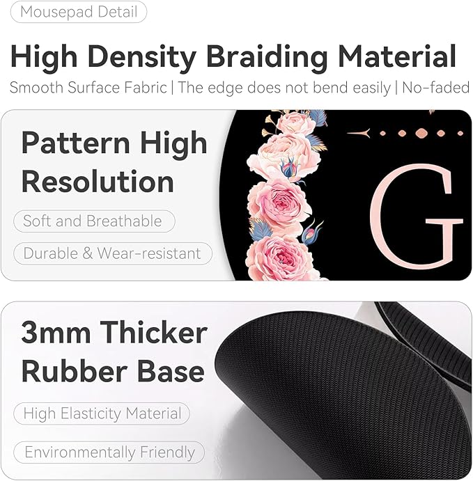 Letter G Black and Pink Flowers Round Mouse Pad, Funny Small Mouse Mat with Non-Slip Rubber Base, Home Office Decor Desk Accessory, 8.7inch Round