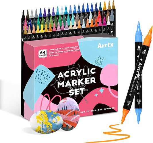 Arrtx Paint Markers Paint Pens, 64 Colors Acrylic Paint Pens Dual-Tip for Rock Painting, Ceramic, Wood, Plastic, Scrapbooking, Brush Lettering, Card Making, DIY Crafts (Fine Tip and Brush Tip)