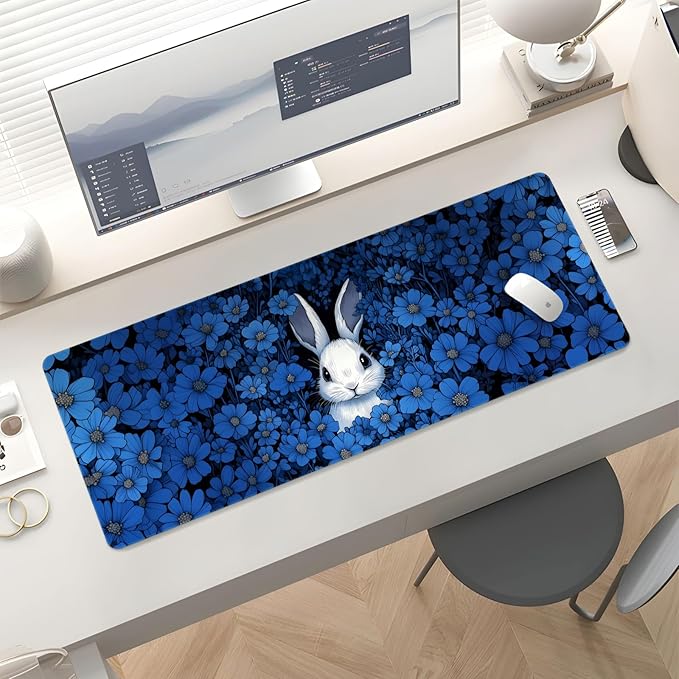 Mousepad Desk Mat Gaming Large Keyboard Cute Office Desktop Computer Laptop XXL Long Big Kawaii Aesthetic Girly Pretty Design Women Girl Gamer Oversized Wide 30x12'' Mousepad, Blue Rabbit