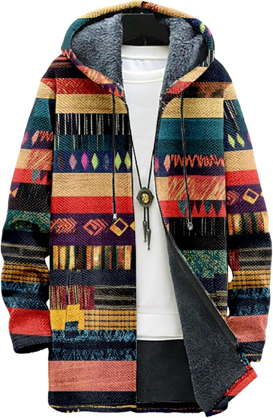 MARSVOVO Mens Cardigan Sweater Cool Graphic Lined Fleece Long Coat Zip With Pockets Fashion Coat Warm Fitted Jacket