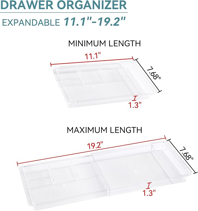 Oubonun Expandable Drawer Organizer 11.1” to 19.2” Width, Shallow Cosmetic Organizer 1.3” Height, 2 Packs, Clear Plastic Storage Trays for Dressing Table,Bathroom
