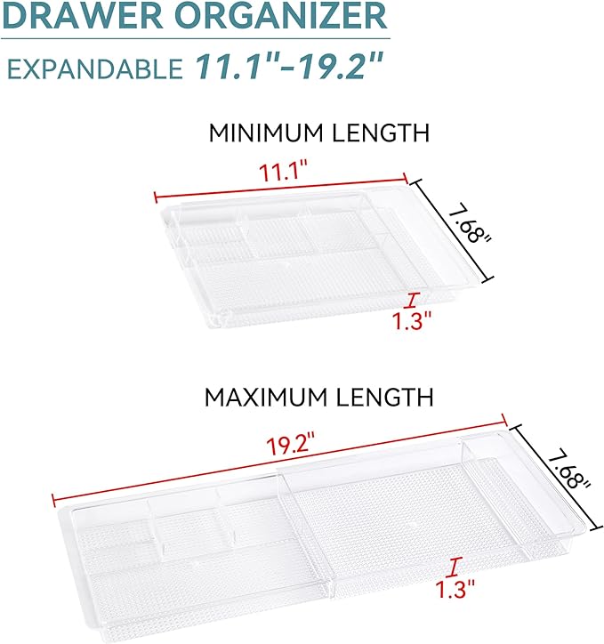 Oubonun Expandable Drawer Organizer 11.1” to 19.2” Width, Shallow Cosmetic Organizer 1.3” Height, 4 Packs, Clear Plastic Storage Trays for Dressing Table,Bathroom