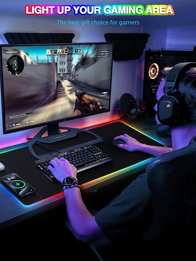 Mouse Pad with 15W Magnetic Wireless Charging 31.5x15.75 Inch, RGB Mousepad for Desk Mat, XXL Desk Pad with 11 Colors & 5 Modes, Home Office Large Keyboard Pad Waterproof Non-Slip for Gaming PC Setup