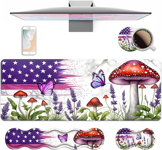 4 in 1 Ergonomic Keyboard Wrist Rest & Mouse Pad Wrist Rest Set, Large XXL Gaming Desk Mat 31.5"x 11.8" with Non-Slip Base, Memory Foam for Home Office Study Gaming, American Flag Mushroom Butterfly