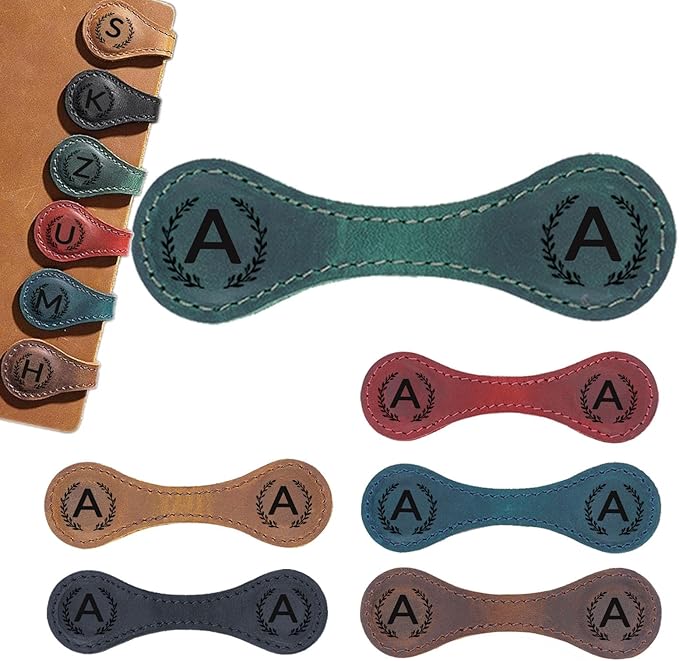Magnetic Leather Bookmark with 26 Initial for Reading Women,Personalized Magnet Book Marks Gifts for Men,Book Lovers (Green, A)