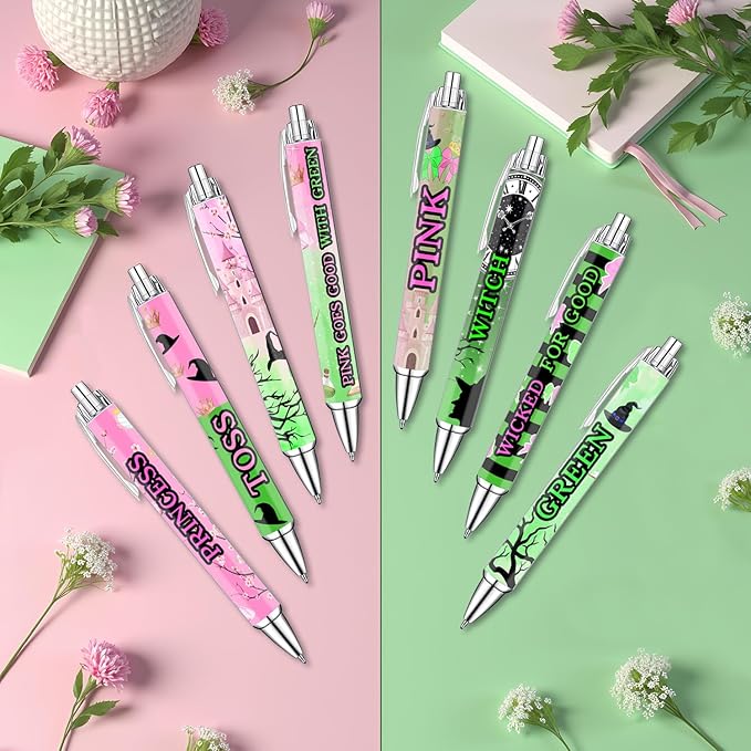 Halloween Princess and Witch Pens Set – Magical Fantasy-Themed Ballpoint Pens for Girls, Students, Stationery Lovers – Smooth Writing Pens for School, Journaling, Gifts – Pink Green Pens, 8 Pack