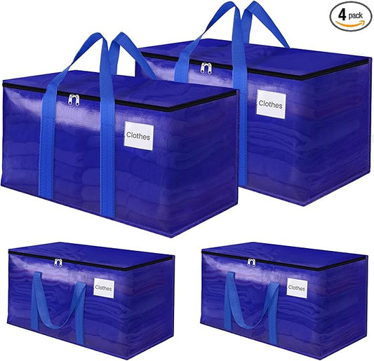 Moving Storage Bags, Moving Supplies Packing Boxes for Moving, Camping, College Dorm Room Essentials for Girls, Blue Tote Bags, Heavy-Duty Storage Bins With Lids And Zippers, 125L 4 Pack