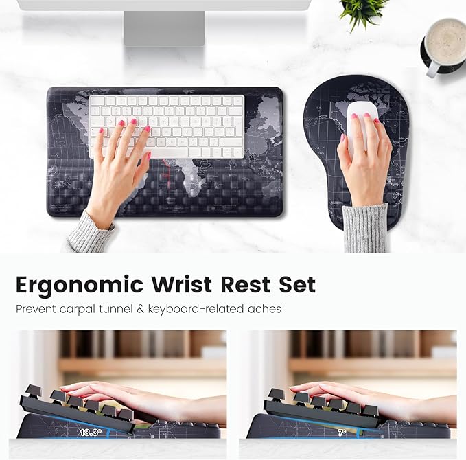 Ospelelf Ergonomic Mouse Pad and Keyboard Stand Wrist Rest Set, Memory Foam Comfort, Pain Relief for Typing, Office Desk Accessories, Map
