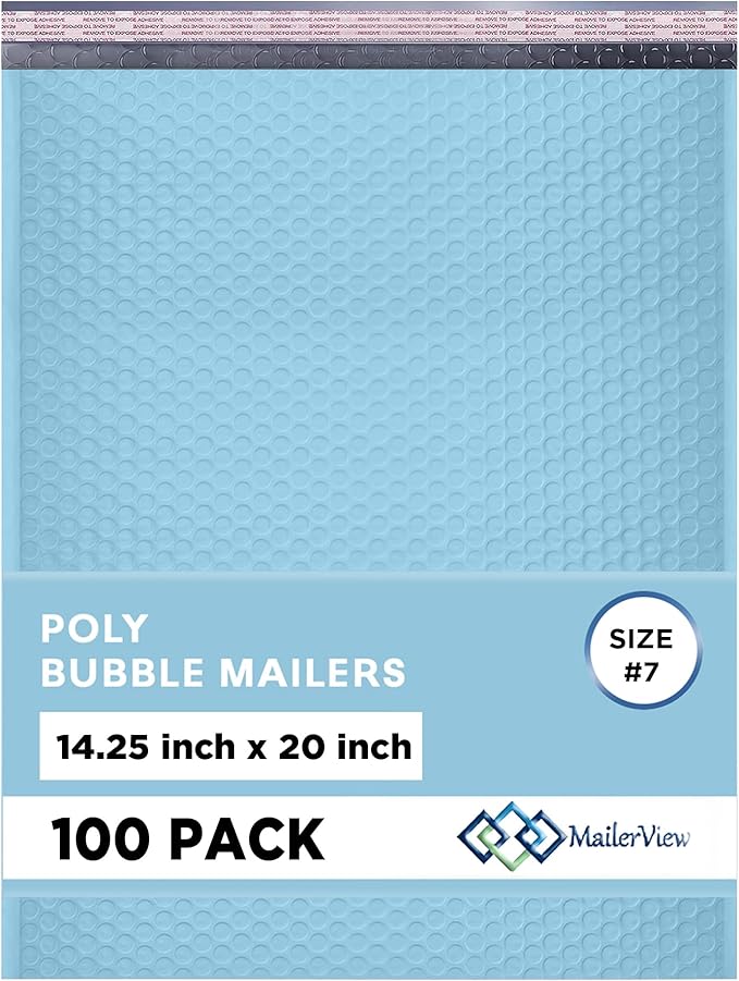Light Blue Extra Large Poly Bubble Mailers 14.25x20 inch #7 | Self Seal Large Padded Envelopes | Air Cushioned Bubble Mailer | Usable Size 14.25x19 Lightweight Mailing Shipping Bags| 100 Pack Bulk