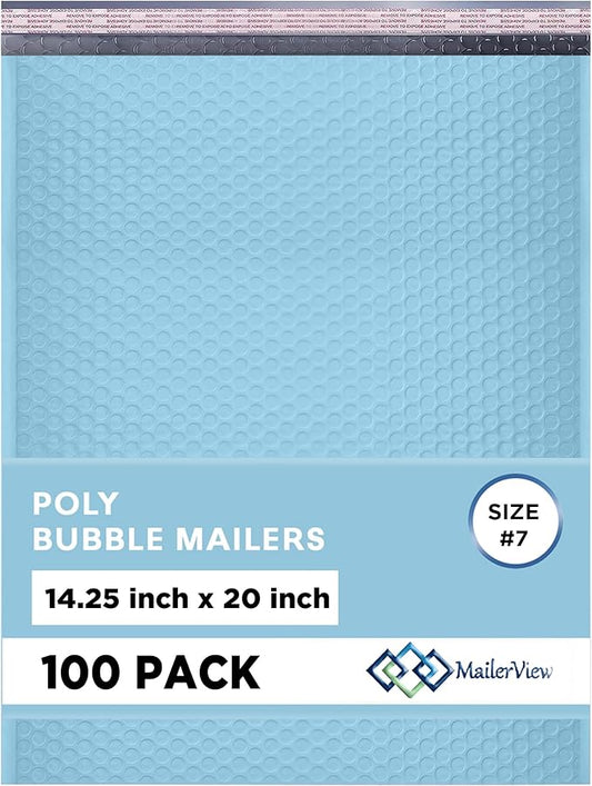 Light Blue Extra Large Poly Bubble Mailers 14.25x20 inch #7 | Self Seal Large Padded Envelopes | Air Cushioned Bubble Mailer | Usable Size 14.25x19 Lightweight Mailing Shipping Bags| 100 Pack Bulk