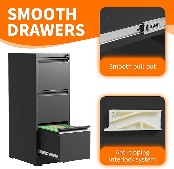 Metal File Cabinet with 3 Drawer Heavy Duty Locking File Cabinets Home Office Steel Black Filing Cabinet with Lock Vertical File Cabinets for Legal/Letter Size File,Assembly Required