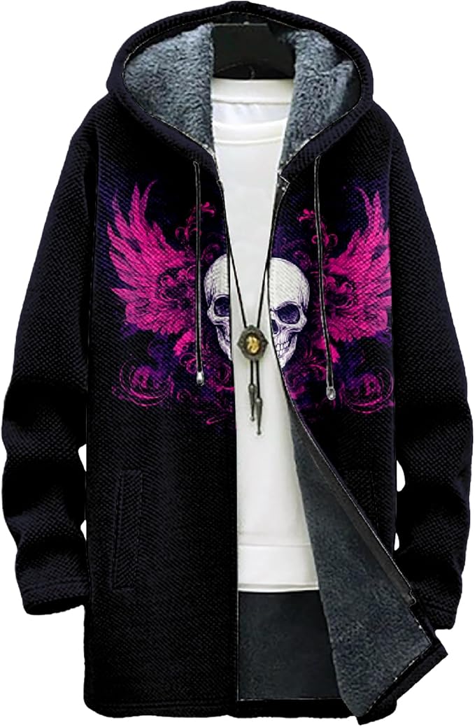 MARSVOVO Mens Cardigan Sweater Cool Graphic Lined Fleece Long Coat Zip With Pockets Fashion Coat Warm Fitted Jacket