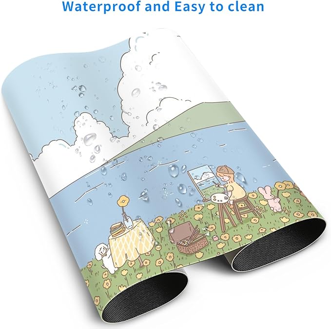 MAYCARI Cute Desk Mat Kawaii Mousepad, Anime Aesthetics Desk Pad XXL Cute Green Blue Nature Mouse Pad Computer Keyboard Mat, Office Desk Pad Protector 31.5"X15.7"