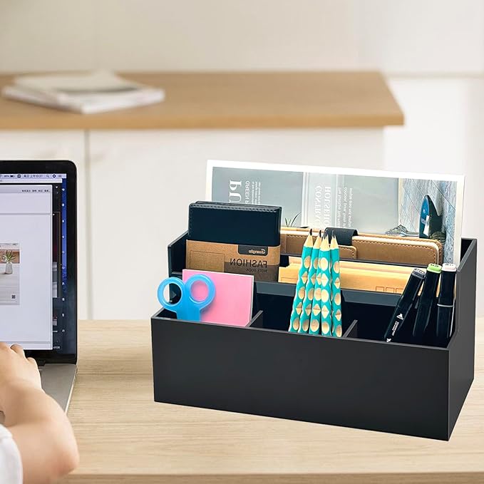 Mail Organizer, Mail Holder with 5 Slots, Modern Mail Sorter Basket for Countertop, Acrylic Desktop Bill Letter Envelope Holder, Black