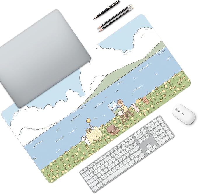MAYCARI Cute Desk Mat Kawaii Mousepad, Anime Aesthetics Desk Pad XXL Cute Green Blue Nature Mouse Pad Computer Keyboard Mat, Office Desk Pad Protector 31.5"X15.7"