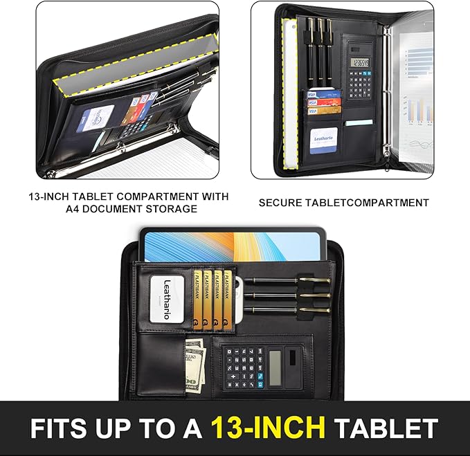 Leathario 3-Ring Portfolio Binder, Includes 5 Sheet Protectors and a Pen, 13 Inch Tablets Organizer, Vegan Leather A4 Padfolio, Multi-Pocket Notepad Business Planner Professional Document