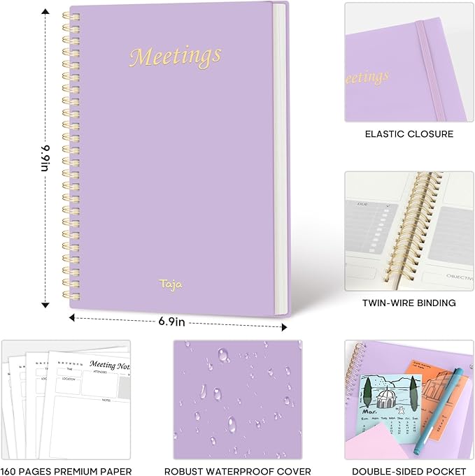 Meeting Notebook for Work Organization - Work Planner Notebook with Action Items, Agenda Planner for Note Taking, 160 Pages (6.9" X 9.9") Project Organizer for Men & Women - Lavender