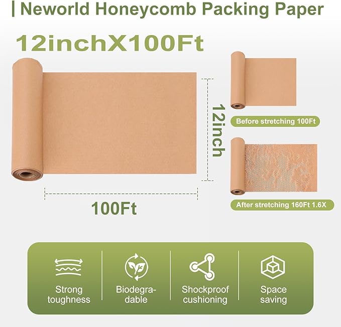 Neworld Honeycomb Packing Paper,12" x 100' Eco Friendly Bubble Cushioning Wrap for Moving,Products & Gifts Wrapping Paper,Recyclable Cushioning Packing Material With 20 Fragile Sticker Labels