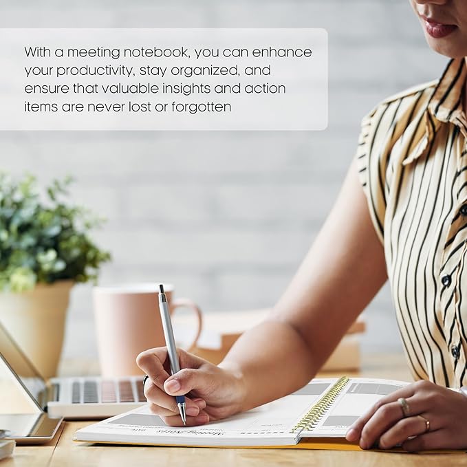 Meeting Notebook for Work Organization - Work Planner Notebook with Action Items, Agenda Planner for Note Taking, 160 Pages (6.9" X 9.9") Project Organizer for Men & Women - Yellow