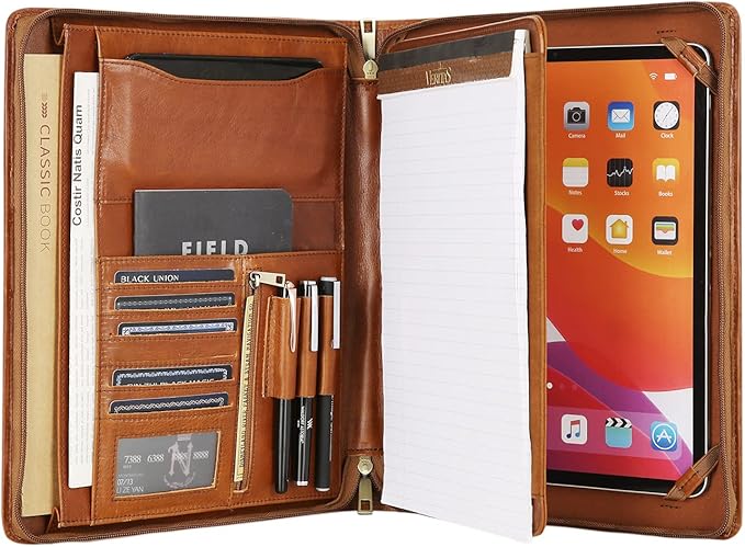 Leather Portfolio for 12.9 inch iPad Pro (2018/2020/2021/2022), Leather Padfolio Organizer with Ipad Holder for Letter Size Notepad, Personalized Portfolio for Men/Women (Brown, Non-Custom)