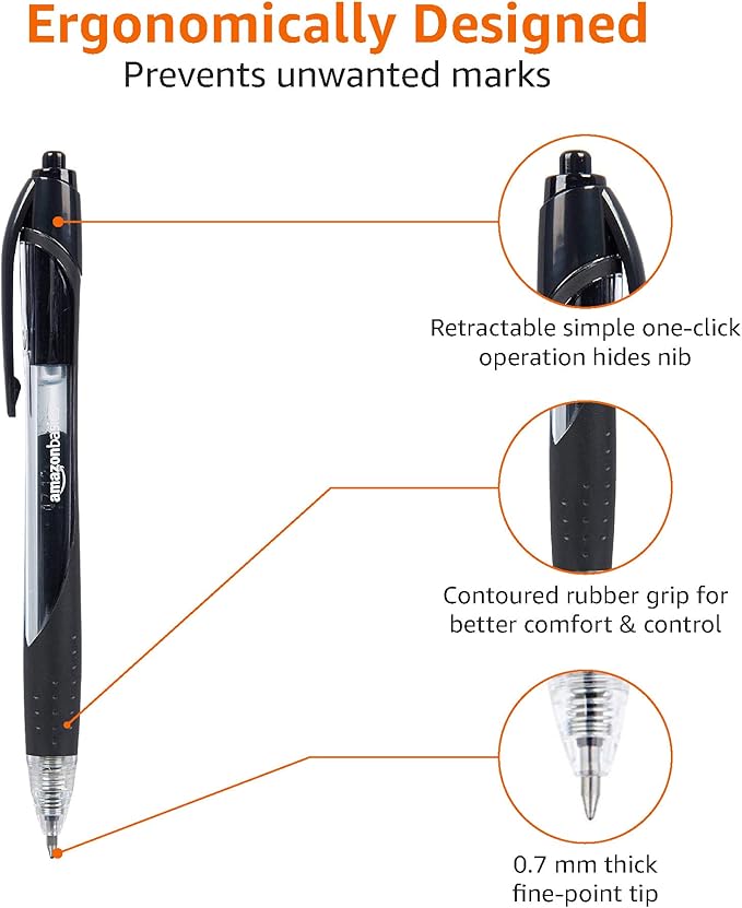 Amazon Basics Retractable Gel Ink Pens, Fine Point, Smooth Writing, Black, 12-Pack