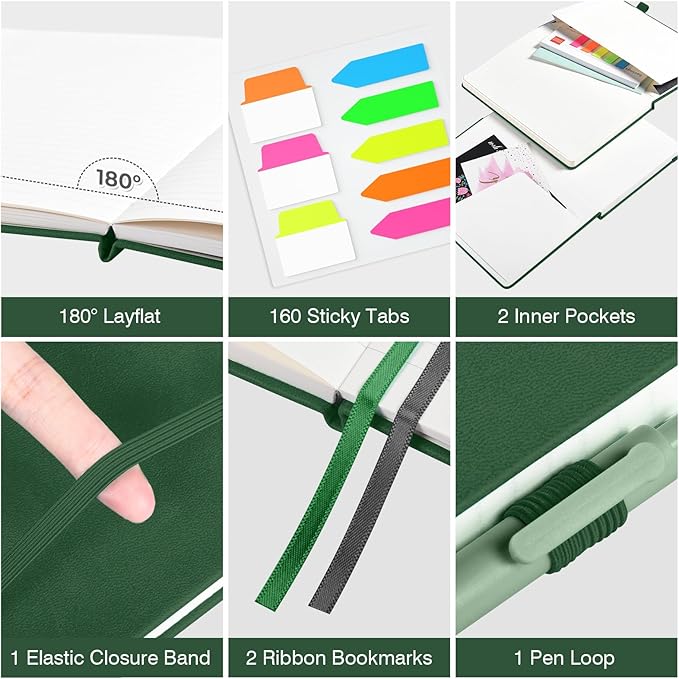 Lined Journal Notebook, 3 Pack A5 College Ruled Notebooks for Work, Hardcover Notebook Each with 2 Pockets & Pen, Leather Journal for Women, Men, 160 Pages, 100GSM Thick Paper ( Green 5.7" x 8.3" )