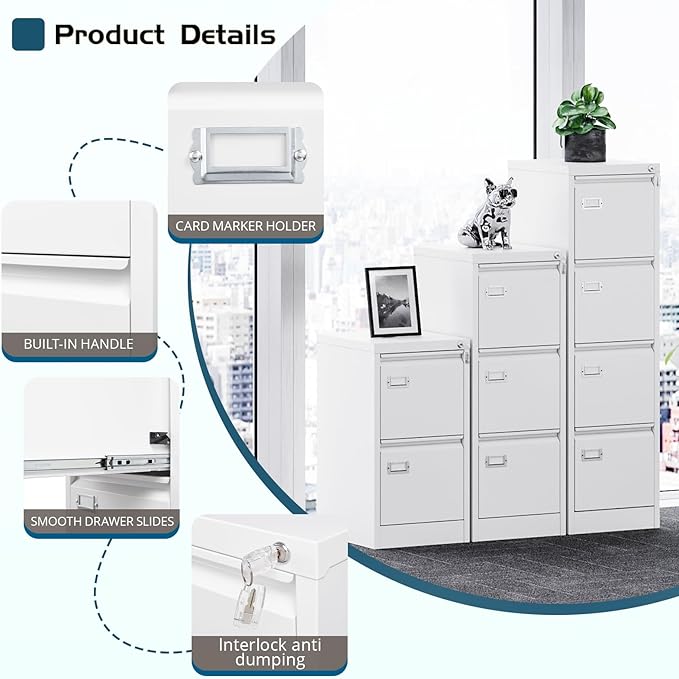 MIIIKO White 2 Drawer File Cabinet, Vertical Filing Cabinet with Lock, Home Office Storage Cabinet for Letter Legal A4 File Size