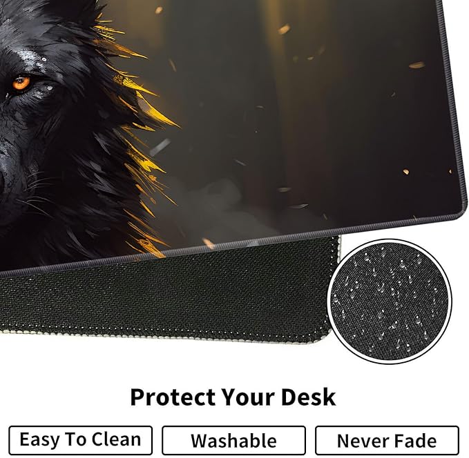 Large XXL Gaming Desk Mat 31.5"x 11.8", Ergonomic Keyboard Wrist Rest & Mouse Pad Wrist Rest + Coaster Set, Non-Slip Base, Memory Foam, Office and Home, Black Wolf