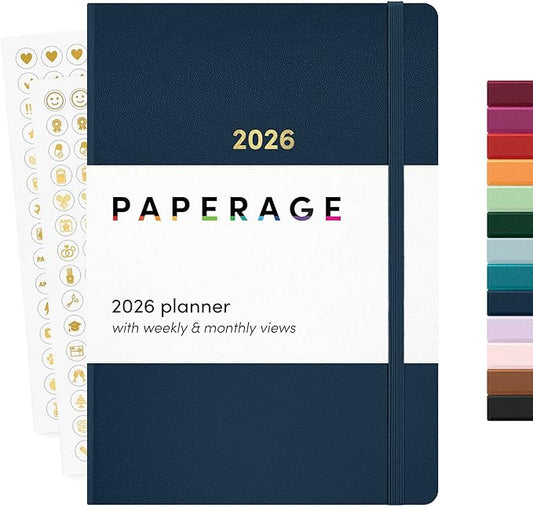 PAPERAGE 2026 Weekly & Monthly Planner, 12 Months (January 2026 - December 2026), 5.6 in x 8 in, Hardcover 2026 Planner with Weekly & Monthly Spreads, Note Pages, Stickers & Back Pocket – Navy