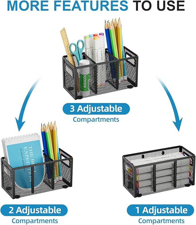 Marbrasse Mesh Pen Holder for Desk,Pencil Holder Desk Organizer 3 Adjustable Compartments,Pencil Cup with Handle Perfect for Classroom, Office, Home,Makeup,Art (Black)