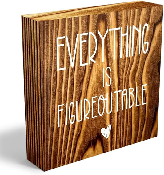 mmiishe Everything Is Figureoutable Wooden Box Sign Decorative Inspirational Farmhouse Wood Box Sign Home Office Decor Motivational Gift Rustic Square Desk Decor Sign for Shelf Burlywood