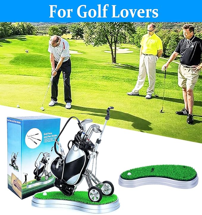 Golf Pen Holder with 3 Club Pens and Movable Golf Cart, Mini Golf Bag Desk Decor for Office, Funny Golf Gifts for Men, Dad, Boss - Stocking Stuffers for Golfers on Birthday, Christmas, Fathers Day