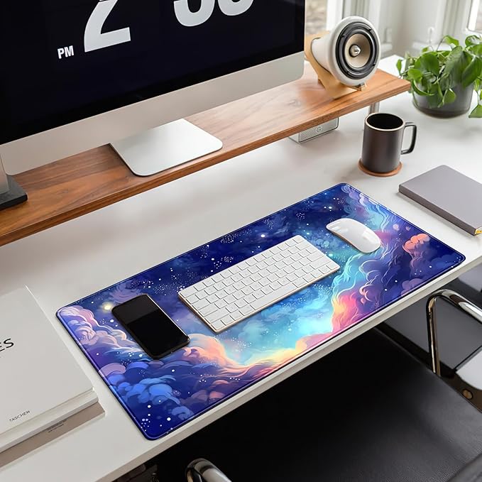 Pastel Anime Space Desk Mat Nebula View Cute Aesthetic Desk Pad Stars Galaxies Deep Dark Blue Cosmos Large Mouse Pad Extended Gaming Mousepad XL Laptop Keyboard Mouse Mat 31.5"x11.8"