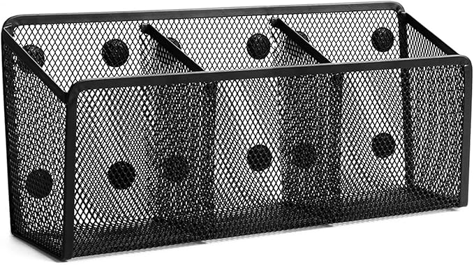 Ameceres Magnetic Pencil Holder - Extra Strong Magnets Mesh Marker Holder Perfect for Whiteboard, Refrigerator and Locker Accessories (3 Baskets, 1 Pack Black)