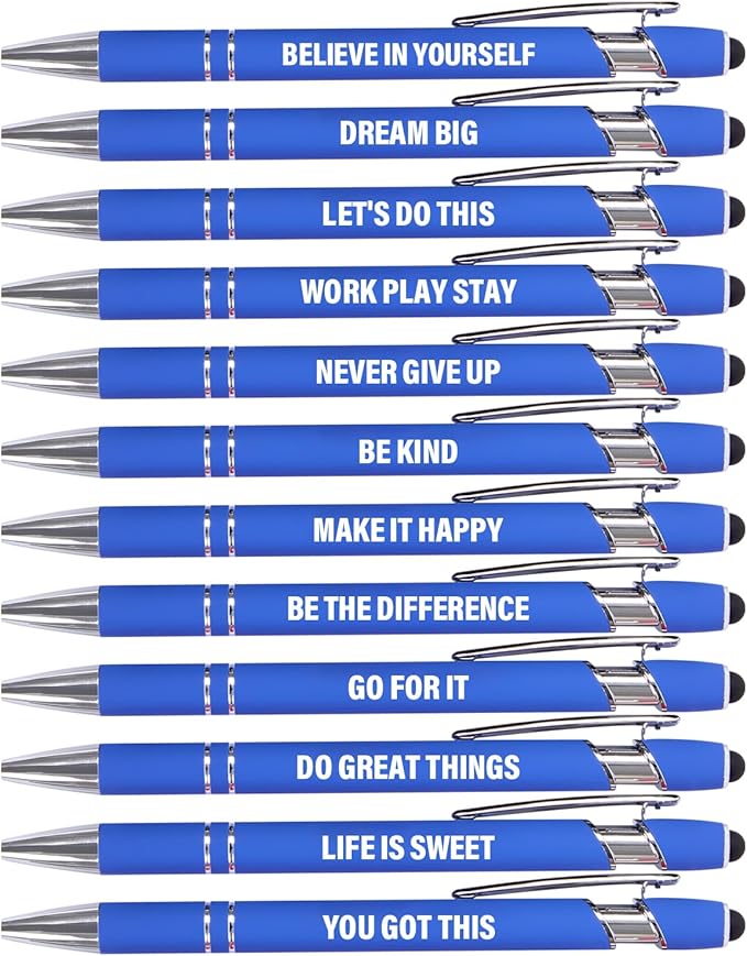 12 Pcs Blue Ink Fine Point Motivational Pens with Stylus Tips, Ballpoint Pens, Office Desk Accessories