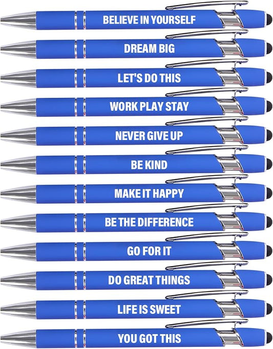 12 Pcs Blue Ink Fine Point Motivational Pens with Stylus Tips, Ballpoint Pens, Office Desk Accessories