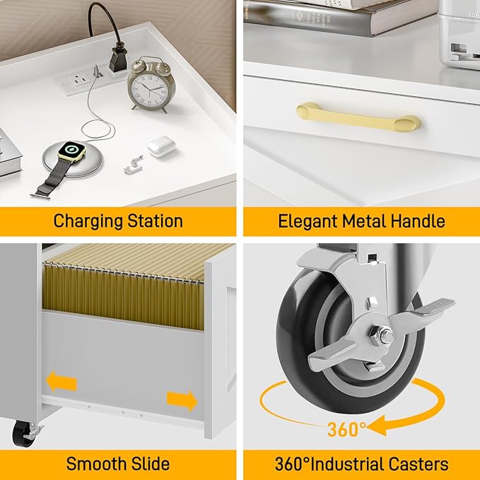 Lateral File Cabinet 2 Drawer Mobile File Cabinet with Charging Station for Legal/Letter/A4 Size Hanging Files, Modern Farmhouse Large Wood File Storage Cabinet for Home Office Furniture(Simple White)