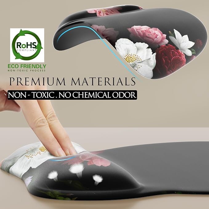 MROCO Ergonomic Mouse Pad with Gel Wrist Rest, Comfortable Mousepad with Smooth Wrist Support Surface and Non-Slip PU Base for Pain Relief, Computer, Laptop, Office & Home, 9.4 x 8.1 in, Black Flower