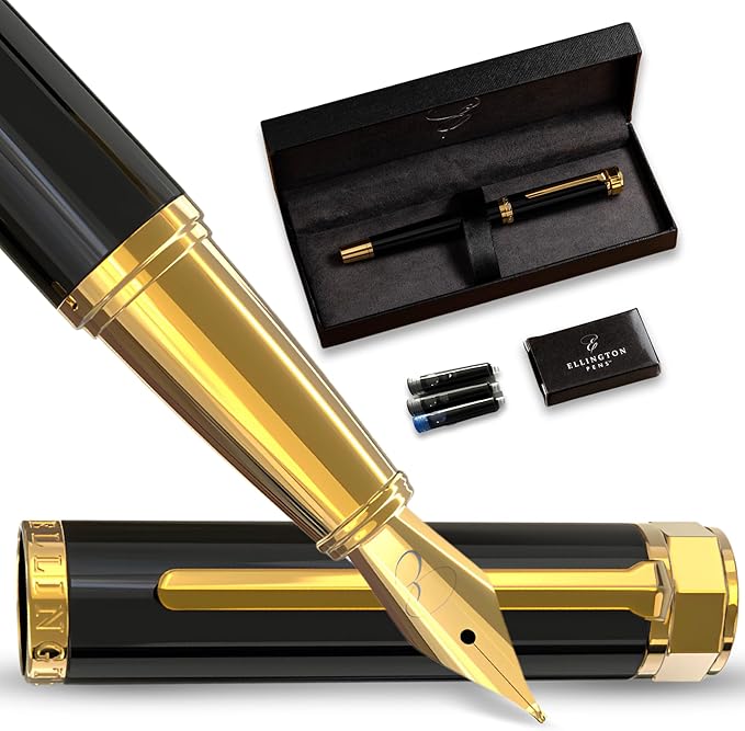 Luxury Fountain Pen Set- Fountain Pens for Writing - Smooth Extra Fine Nib - Includes Refillable Ink Converter, 3 Ink Cartridges [Black & Blue], Gift Box - Elegant Calligraphy
