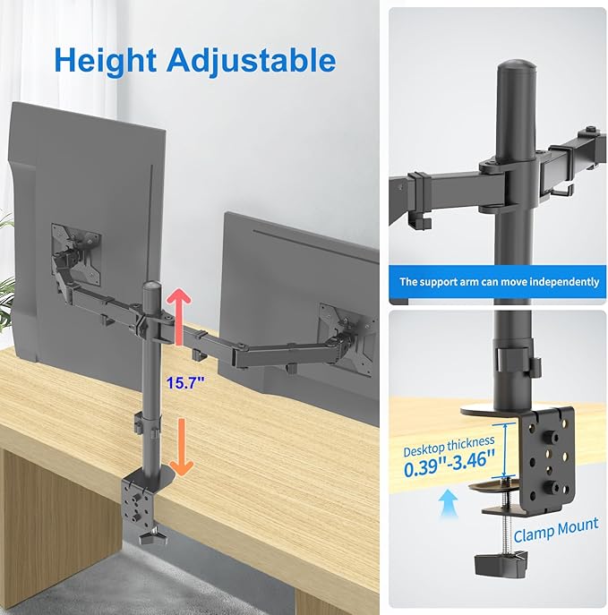H&C(hcck&Cllassp) Dual Monitor Mount, Monitor Arm with Swivel, Tilt, Rotation, Height Adjustable, VESA Mount for 17-27” Monitors up to 17.6lbs, Desk Mount with C-Clamp, Black