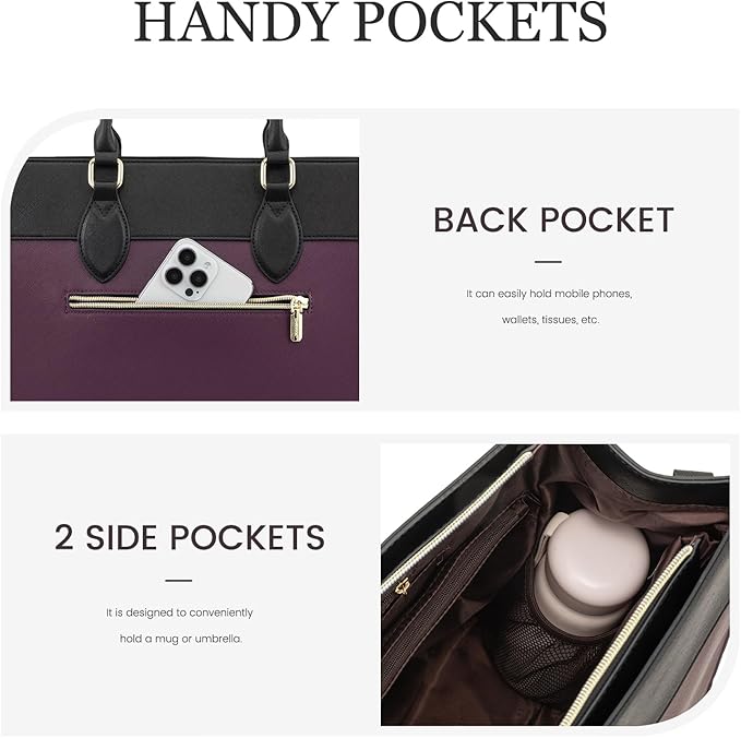 LOVEVOOK Laptop Bag for Women, 17.3 inch Laptop Tote Work Bag Purse, Large Waterproof Leather Computer Briefcase for Office, Purple-Black