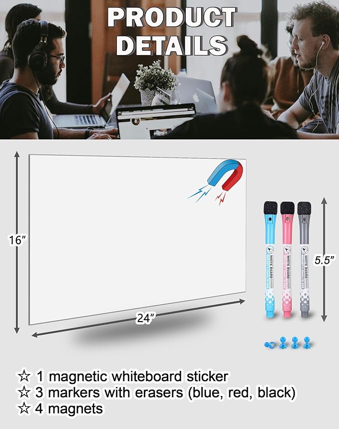 Magnetic Dry Erase Board, 16 x24 Inches Reusable White Board Sticker with Markers and Magnets, Whiteboard Wallpaper for Fridge and Wall, Dry Erase Paper for Kids, Kitchen, Office, Classroom