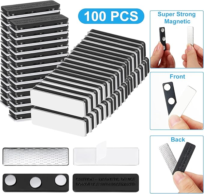 Mtlee 100 Packs Name Tag Magnets Magnetic Name Badge Holders ID Fastener Clip with 3 Neodymium and Adhesive Backing for Uniform Jackets(Black)