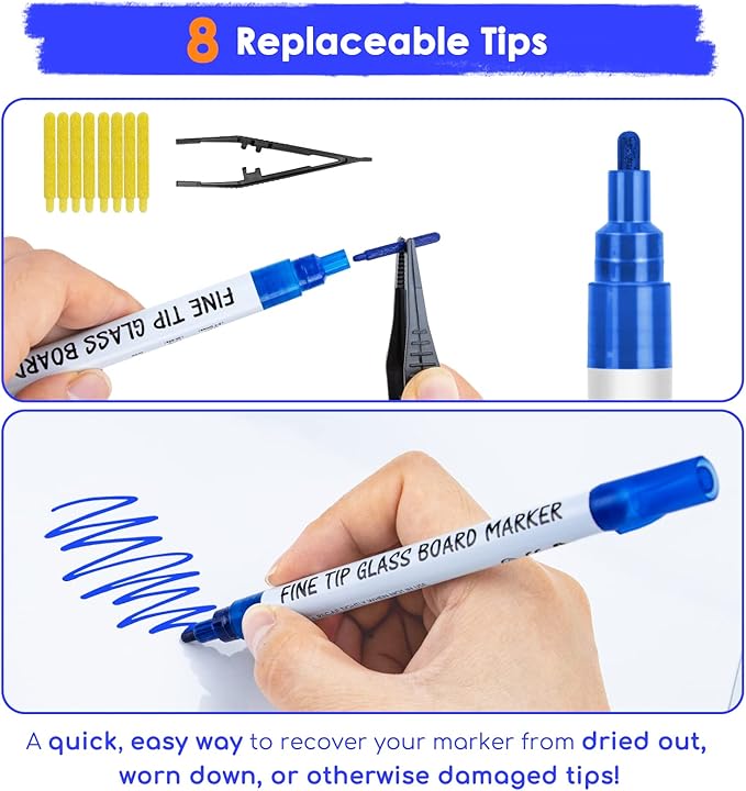 Maxtek Dry Erase Markers Fine Tip, Glass Board Markers for Glass, Window, Acrylic, Planning Board, 1mm Fine Points, 8 Bold Colors