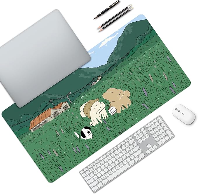 MAYCARI Cute Desk Mat Cartoon Desk Pad Mouse Pad Kawaii Large Green Rabbit Dog Gaming Mousepad XXL Laptop Keyboard Desktop Writing Pad for Girls Students 31.5"X15.7"