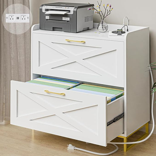 Lateral File Cabinet 2 Drawer File Cabinet with Charging Station for Legal/Letter/A4 Size Hanging Files, Modern Farmhouse Large Wood File Storage Cabinet for Home Office Furniture(White and Gold)